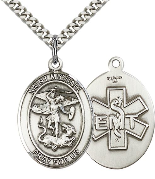 STERLING SILVER ST MICHAEL PENDANT ON A CHAIN - 1" x 3/4"